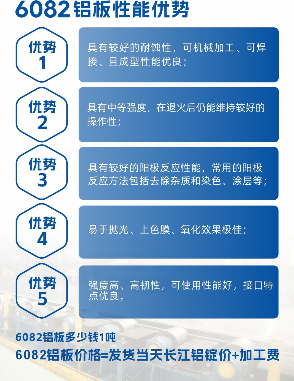 6101铝板性能：


6101铝板具有高强度、良好的耐蚀性和焊接性，以及优异的电导率和机械性能。这些性能使得它在多个领域都有广泛的应用。